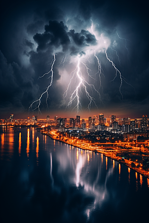 暴雨闪电电闪雷鸣城市摄影图