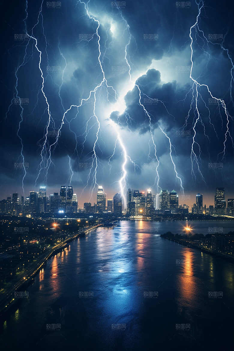 暴雨闪电雷雨自然灾害摄影图