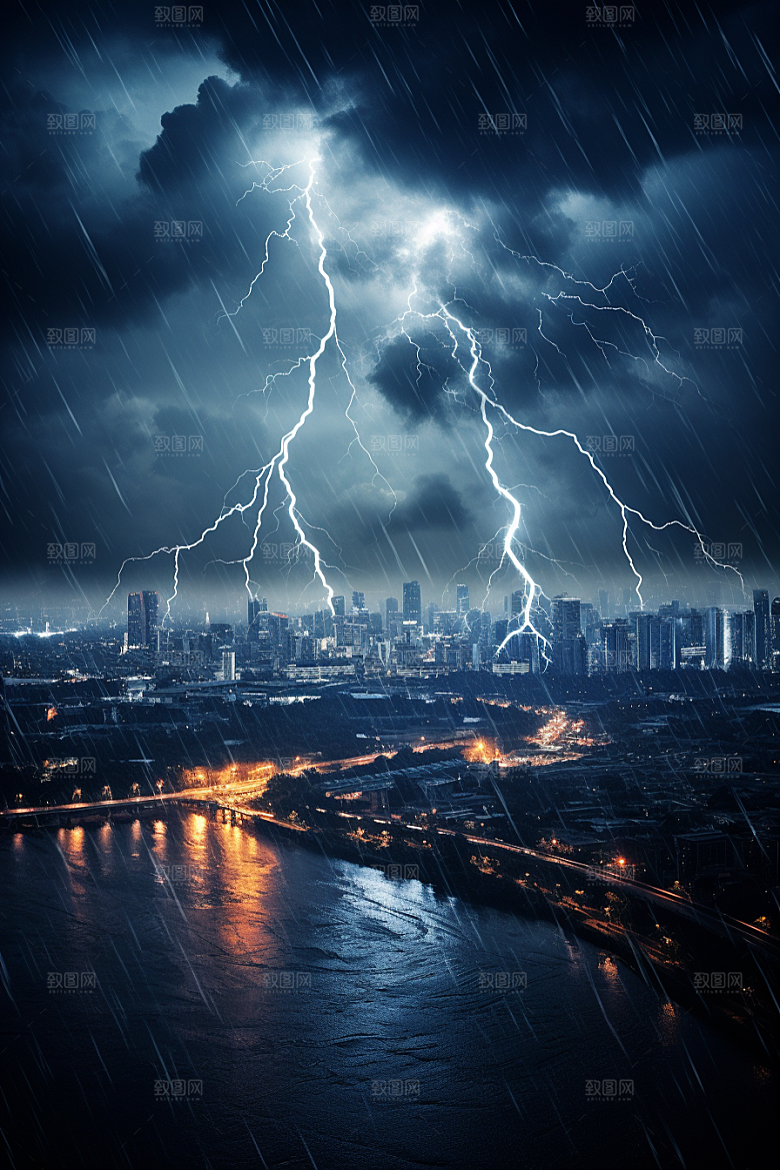 暴雨闪电城市雷雨摄影图