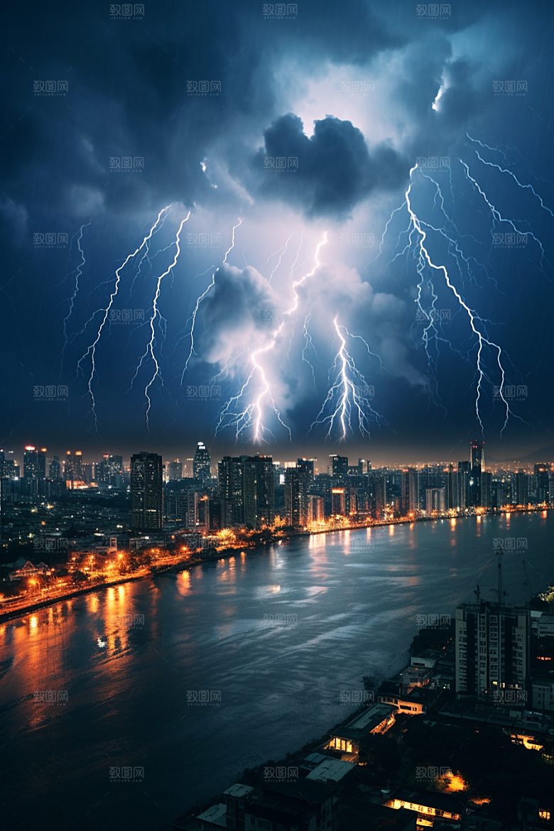 暴雨闪电电闪雷鸣自然现象摄影图
