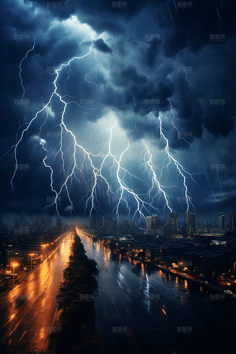 暴雨闪电自然现象城市摄影图
