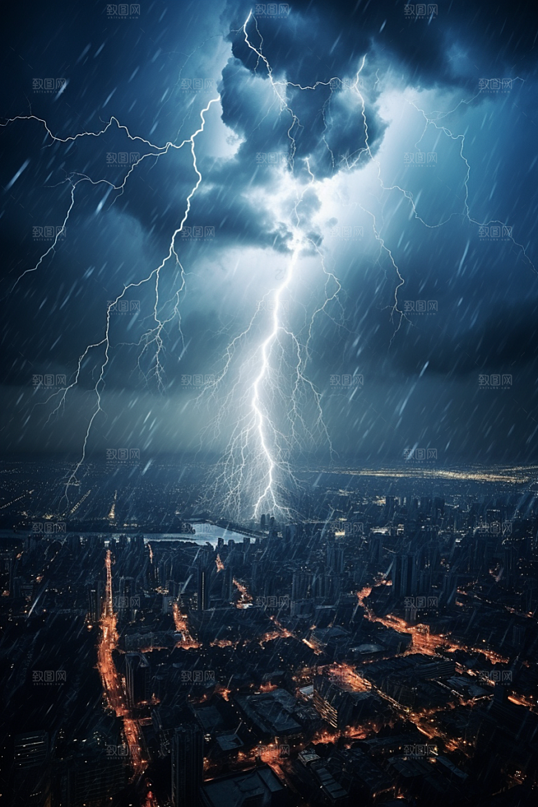 暴雨闪电雷雨城市摄影图