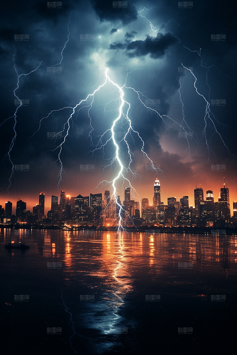 暴雨闪电城市自然现象摄影图