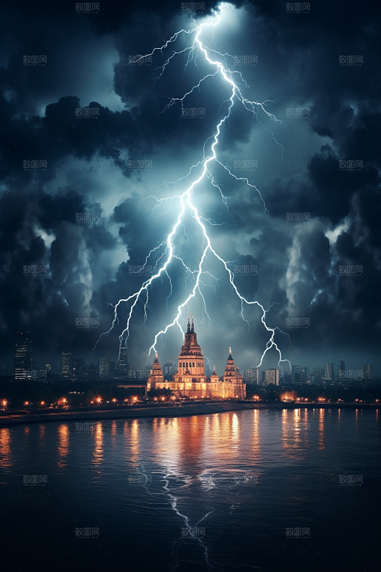 暴雨闪电极端天气电闪雷鸣摄影图