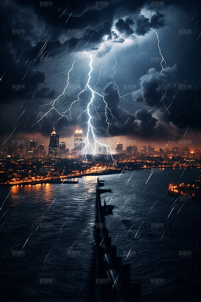 暴雨闪电恶劣天气城市摄影图