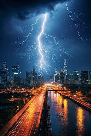 暴雨闪电雷暴城市摄影图