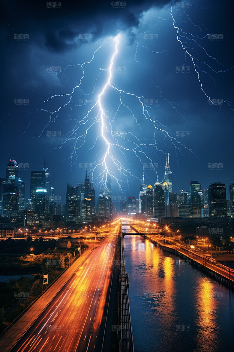 暴雨闪电雷暴城市摄影图