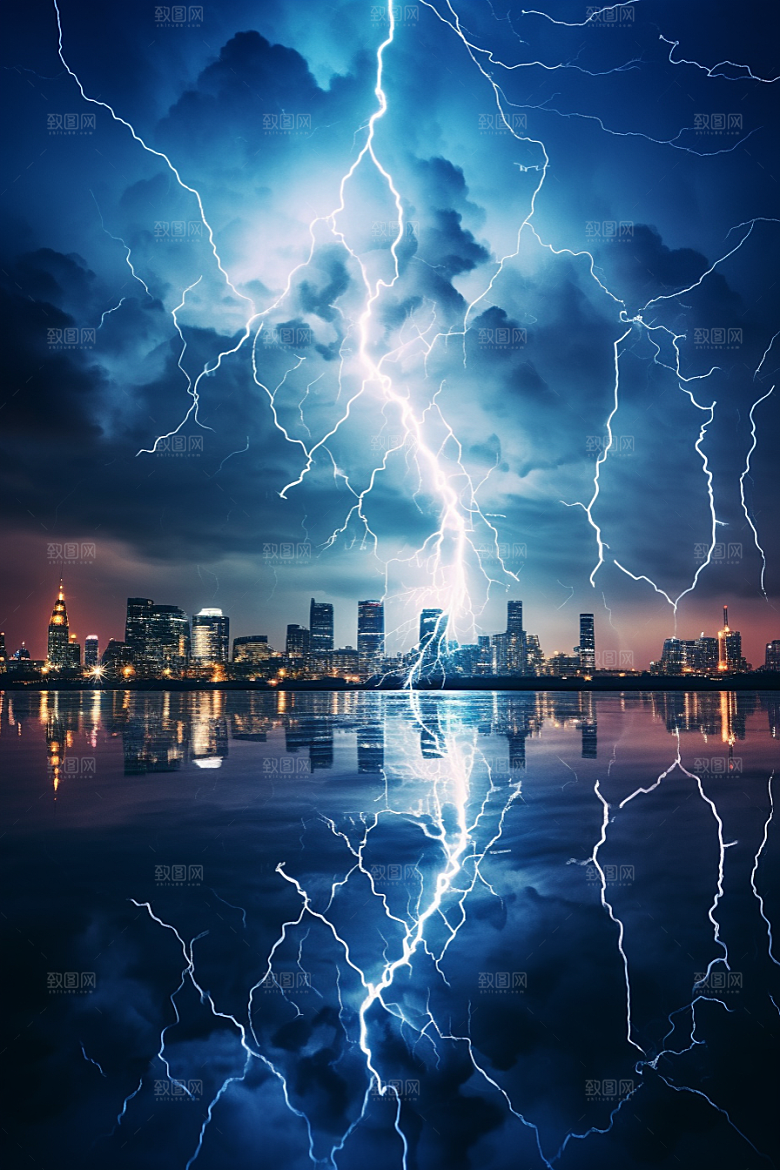 暴雨闪电恶劣天气城市摄影图