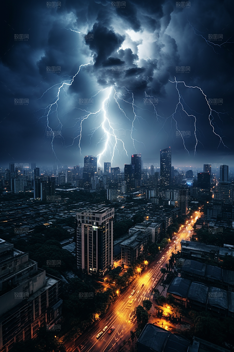 暴雨闪电城市气象摄影图