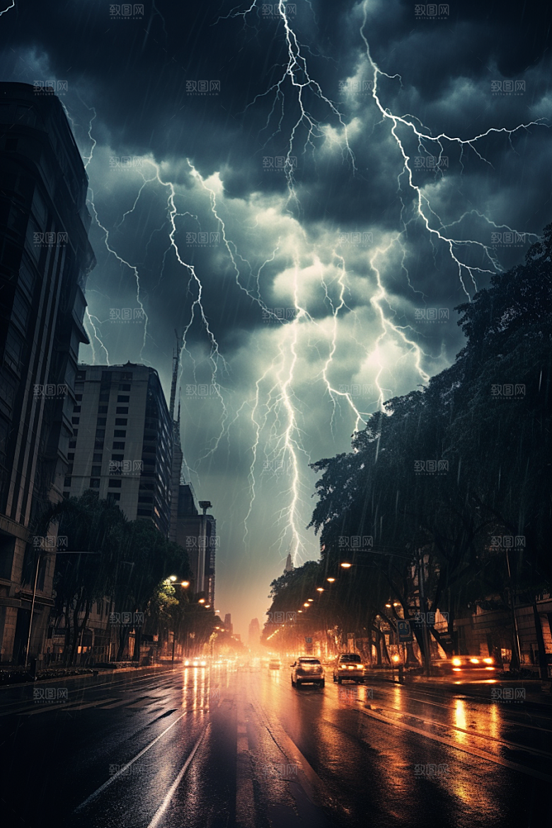 暴雨闪电电闪雷鸣城市摄影图