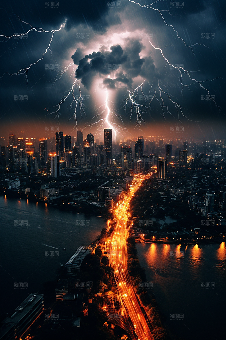 暴雨闪电雷雨极端天气摄影图
