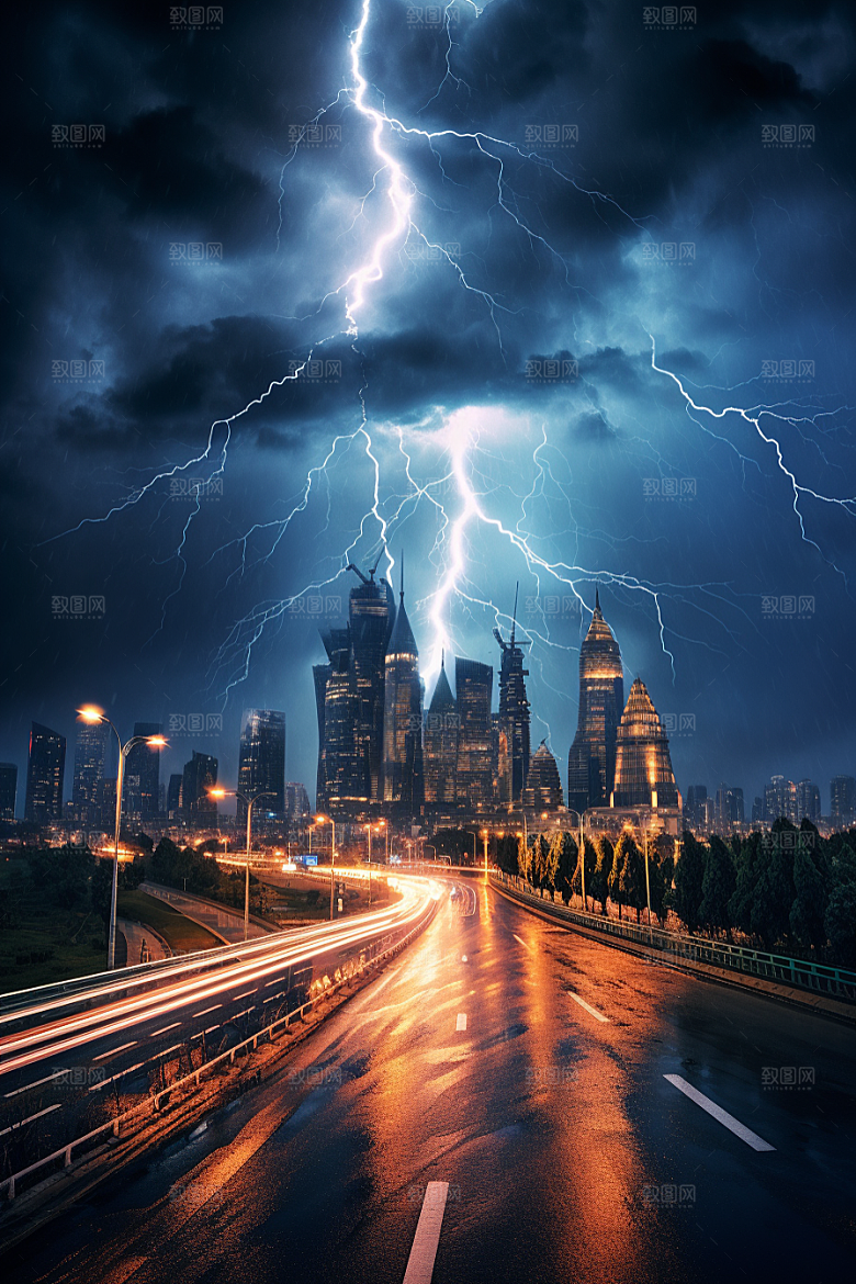 暴雨闪电极端天气气象摄影图