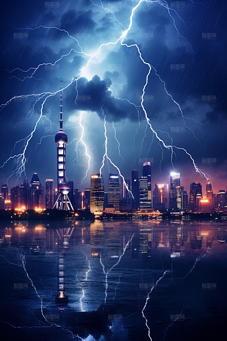 暴雨闪电电闪雷鸣气象摄影图