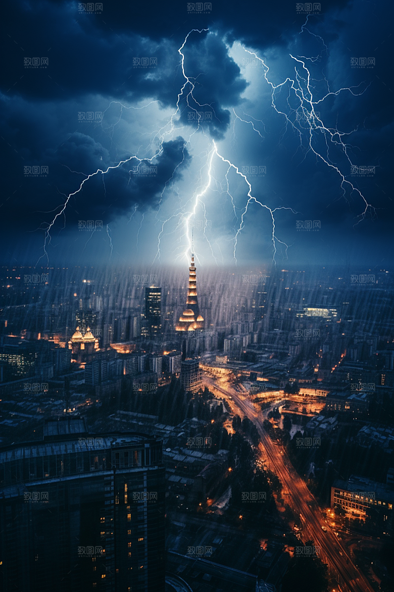 暴雨闪电电闪雷鸣自然灾害摄影图