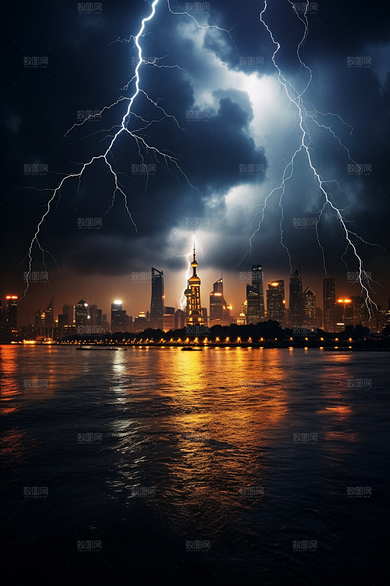暴雨闪电极端天气自然灾害摄影图