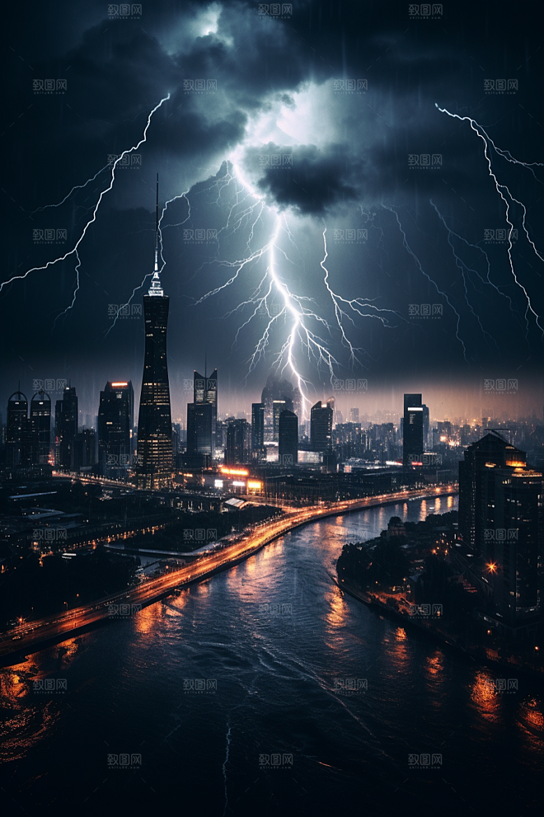 暴雨闪电恶劣天气高清摄影图
