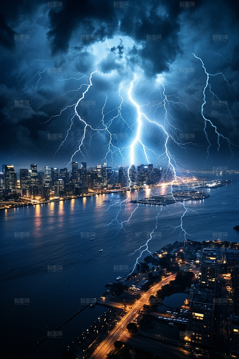 暴雨闪电气象城市摄影图