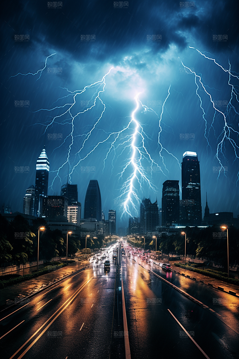 暴雨闪电电闪雷鸣极端天气摄影图