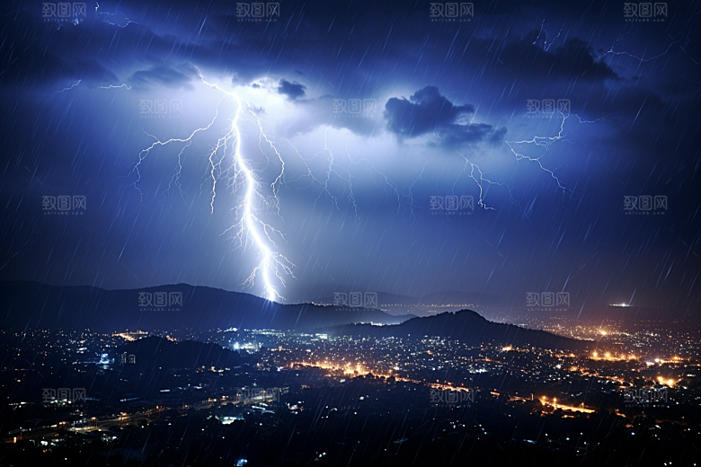 暴雨闪电城市雷暴摄影图