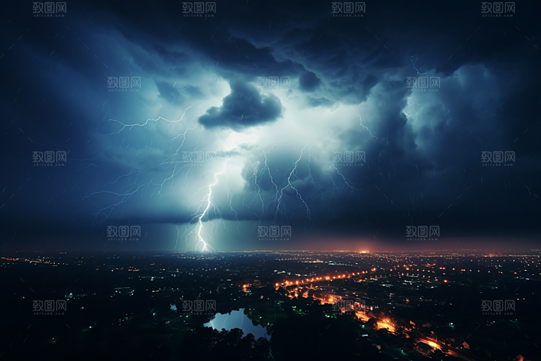 暴雨闪电气象城市摄影图
