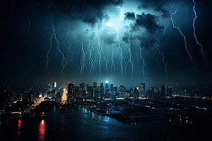 暴雨闪电城市电闪雷鸣摄影图