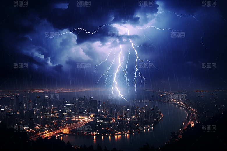 暴雨闪电城市电闪雷鸣摄影图