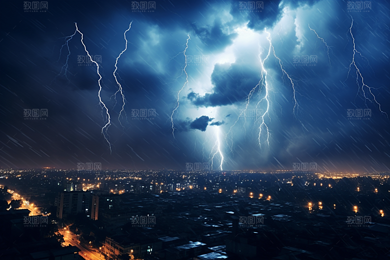 暴雨闪电电闪雷鸣自然灾害摄影图
