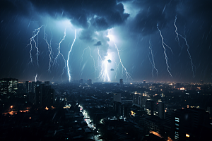暴雨闪电城市气象摄影图