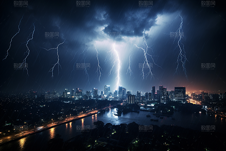 暴雨闪电城市雷雨摄影图