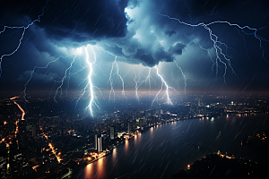 暴雨闪电城市极端天气摄影图
