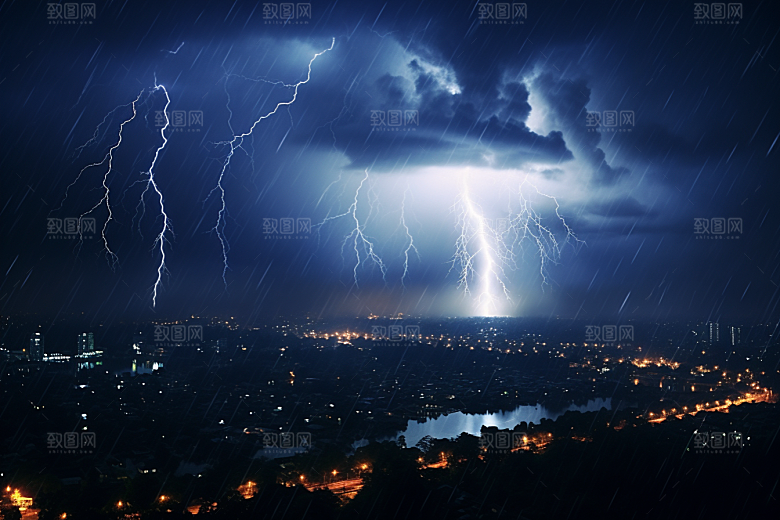 暴雨闪电电闪雷鸣城市摄影图