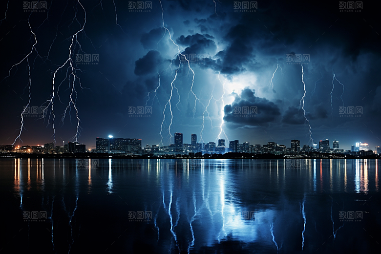暴雨闪电城市气象摄影图