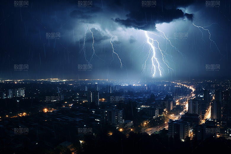 暴雨闪电城市极端天气摄影图