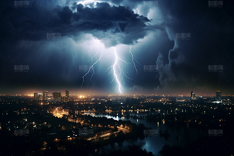 暴雨闪电电闪雷鸣自然灾害摄影图
