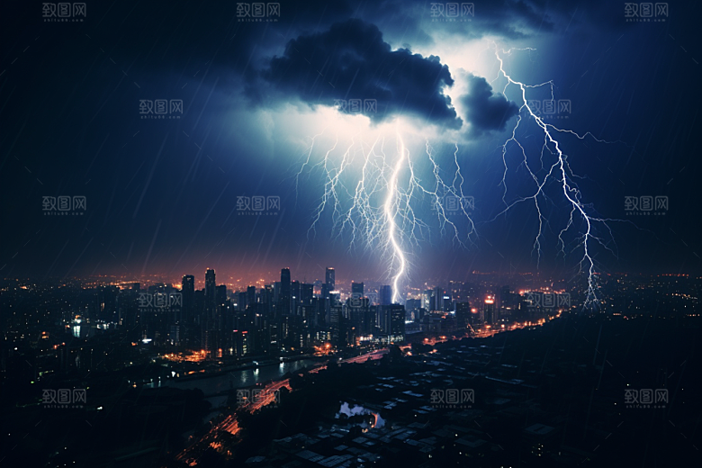 暴雨闪电自然现象城市摄影图