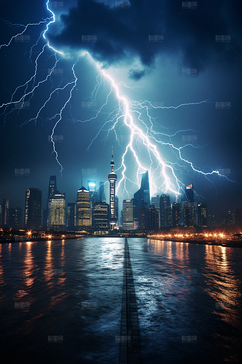 暴雨闪电城市雷雨摄影图