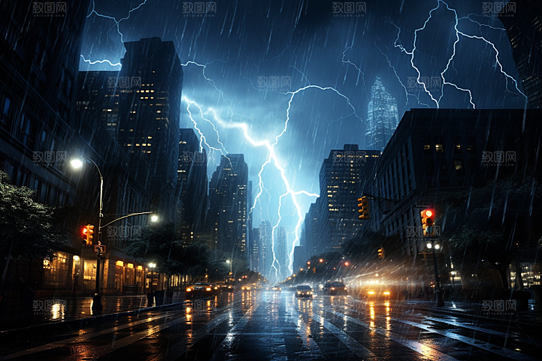暴雨闪电极端天气自然灾害摄影图