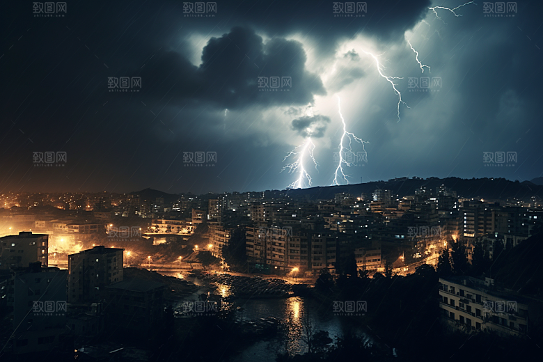 暴雨闪电城市电闪雷鸣摄影图