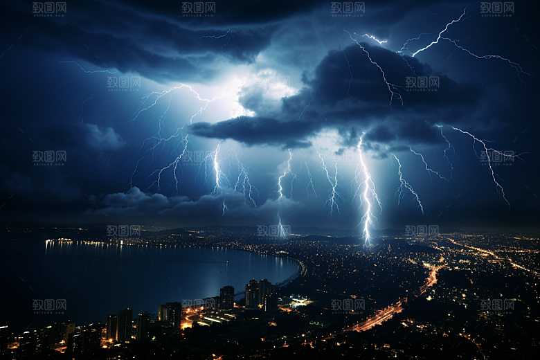 暴雨闪电城市雷雨摄影图