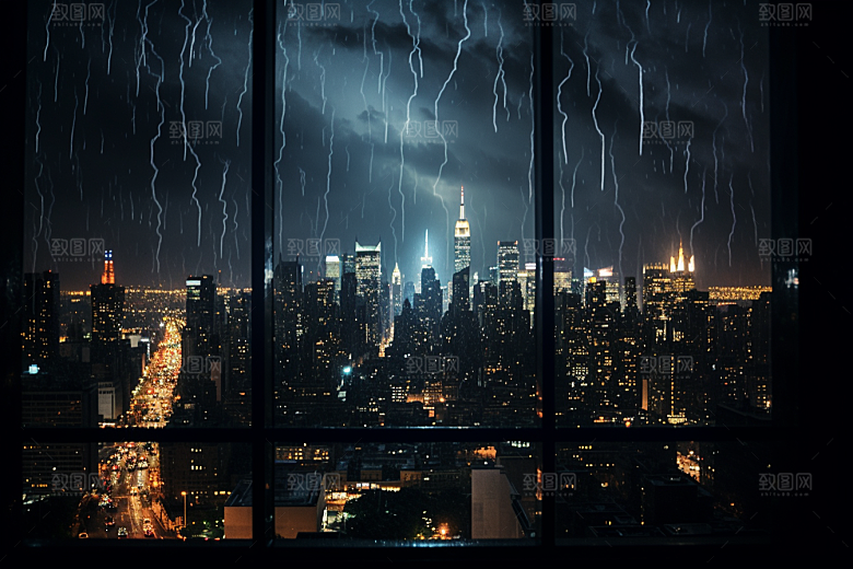 暴雨闪电城市恶劣天气摄影图