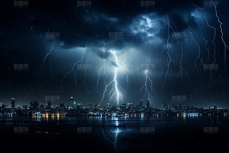 暴雨闪电自然现象城市摄影图
