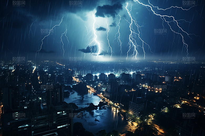 暴雨闪电雷雨城市摄影图