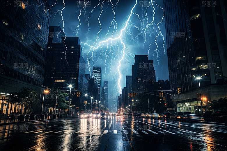 暴雨闪电城市高清摄影图