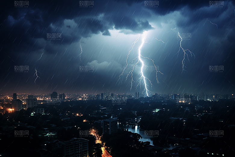 暴雨闪电城市雷雨摄影图