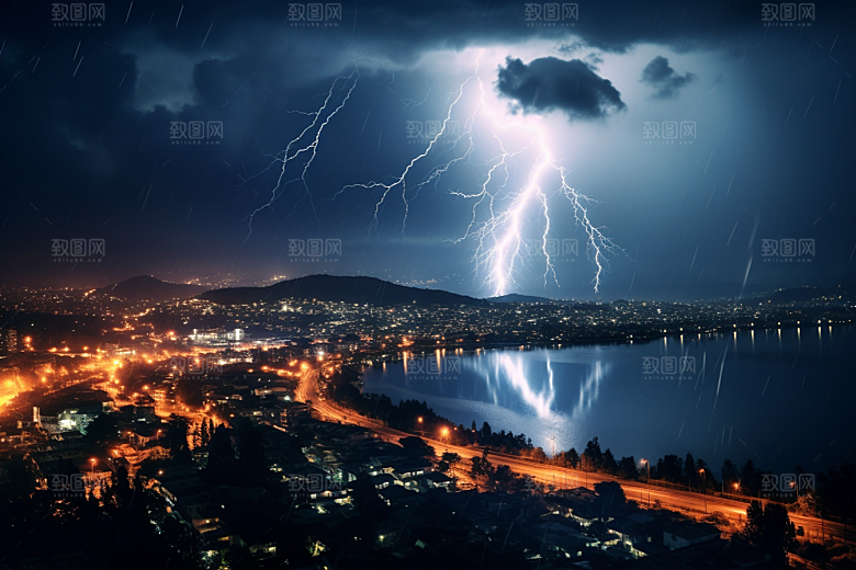 暴雨闪电自然现象城市摄影图
