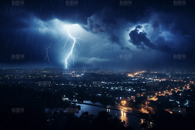 暴雨闪电雷暴极端天气摄影图