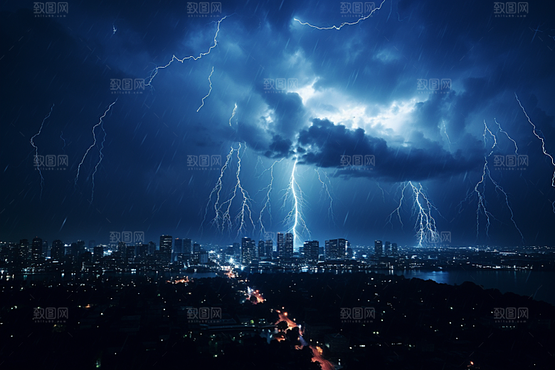 暴雨闪电城市电闪雷鸣摄影图