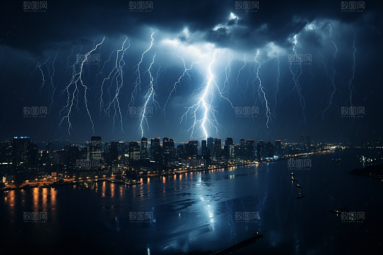 暴雨闪电城市电闪雷鸣摄影图