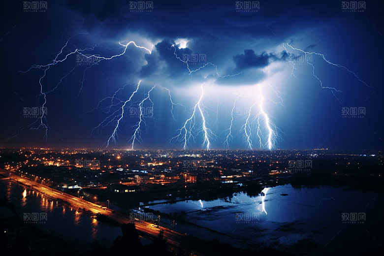 暴雨闪电城市电闪雷鸣摄影图