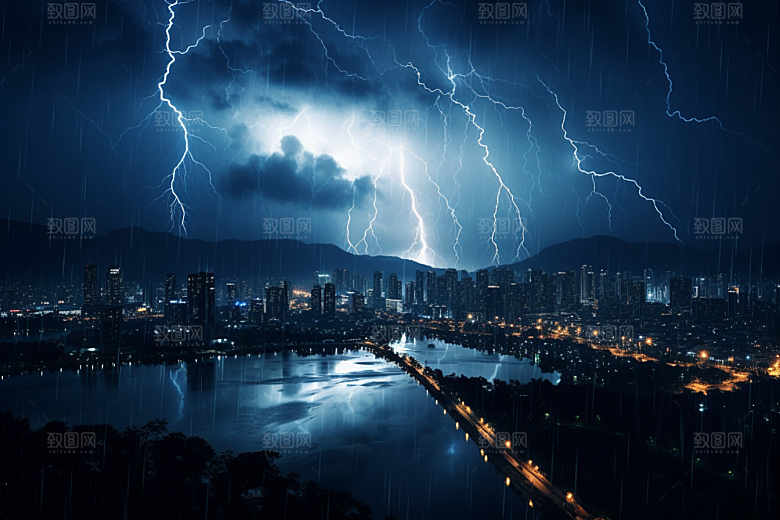暴雨闪电城市极端天气摄影图
